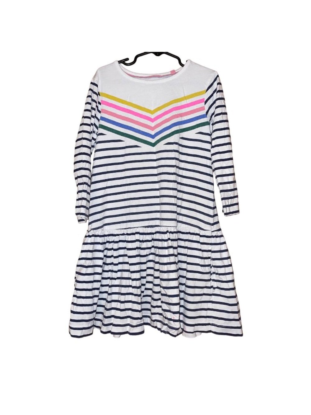 Mini Boden Girls Striped Long-Sleeve Dress With Multicolor Chevron Detail Size 8